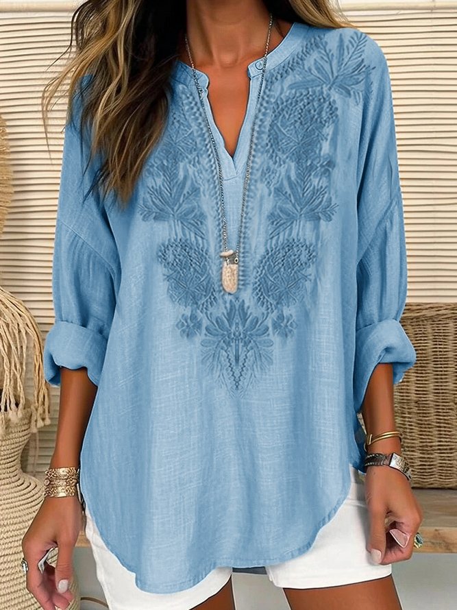 Loose V Neck Long Sleeve Plain Embroidery Fashion Regular Blouse