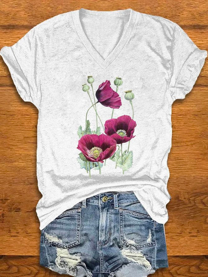 Casual V Neck Short Sleeve Floral Fashion Regular T-Shirt