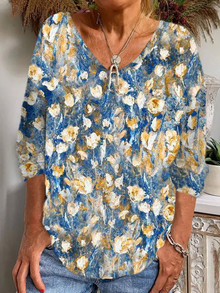 Casual V Neck Long Sleeve Floral Fashion Regular T-Shirt