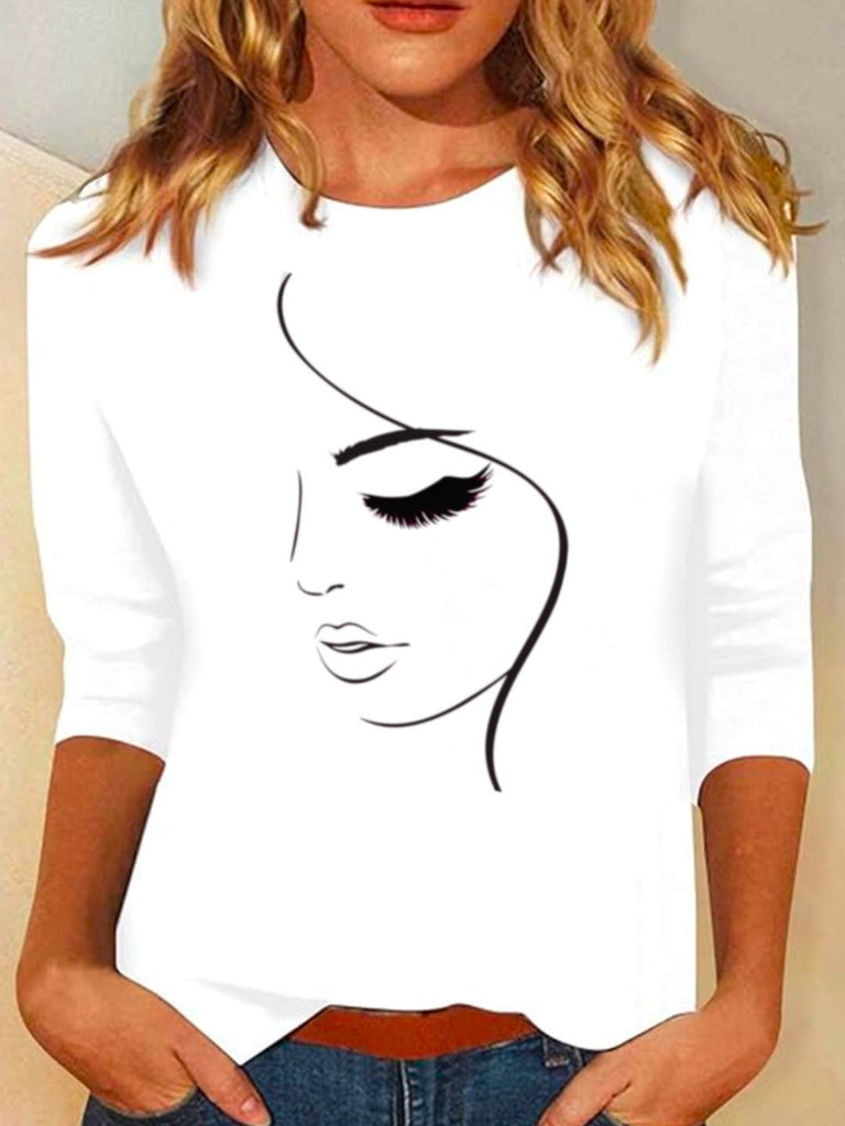 Crew Neck Long Sleeve Figure Casual Regular T-Shirt