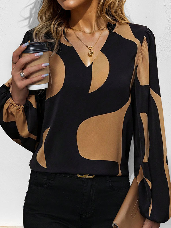 Fashion V Neck Long Sleeve Geometric Loose Regular Blouse