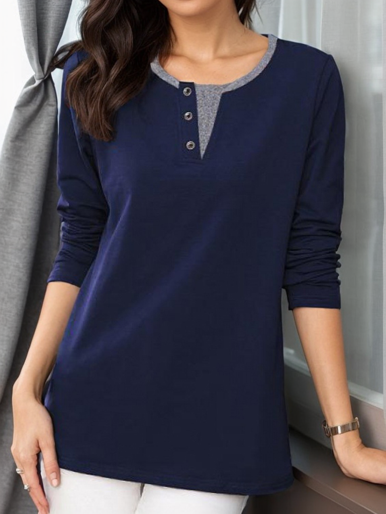Fashion Crew Neck Long Sleeve Plain Loose Regular T-Shirt