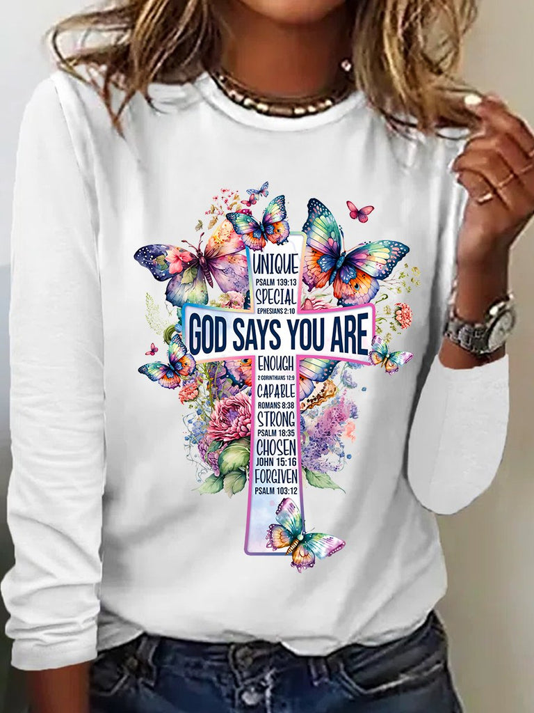 Fashion Crew Neck Long Sleeve Butterfly Loose Regular T-Shirt