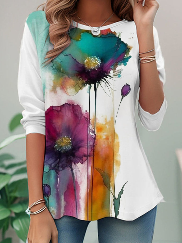Casual Crew Neck Long Sleeve Floral Fashion Regular T-Shirt