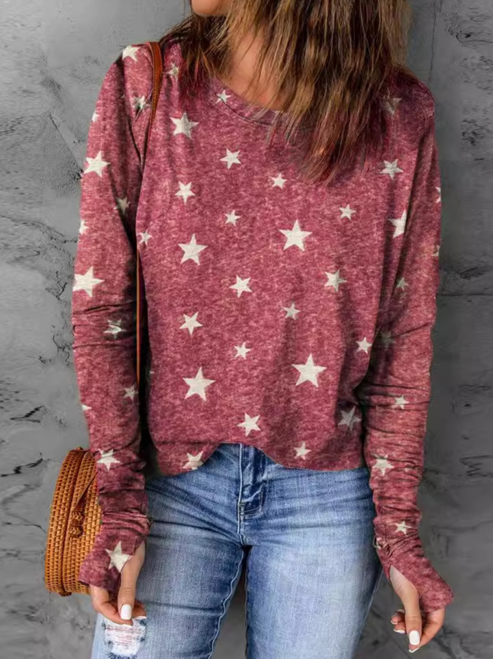 Fashion Crew Neck Long Sleeve Star Loose Regular T-Shirt