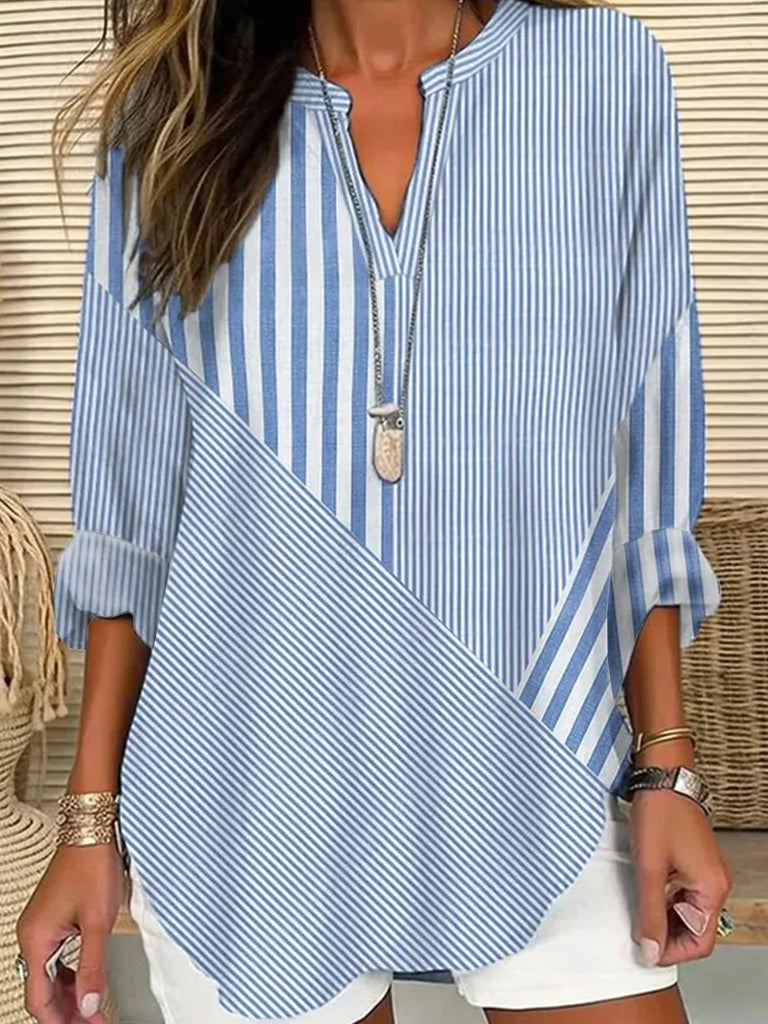 Fashion Long Sleeve Notched Striped Loose Regular Blouse