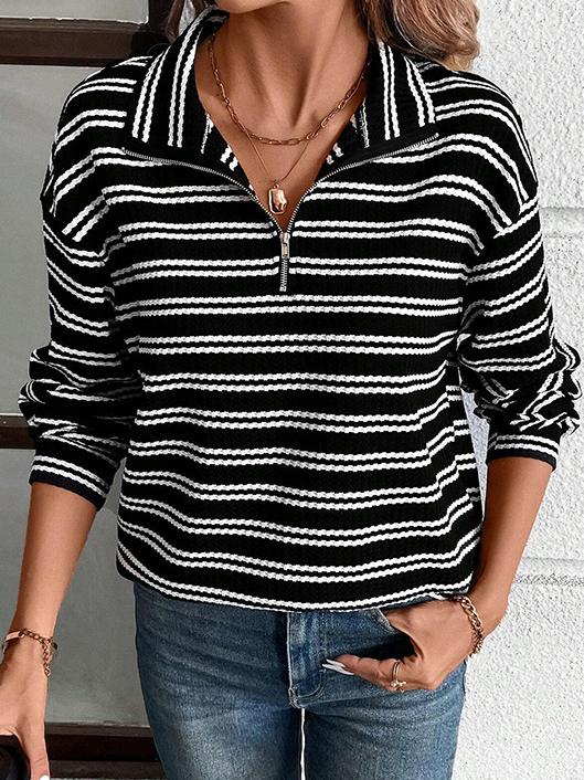 Fashion Long Sleeve Shawl Collar Striped Zipper Regular Sweatshirt