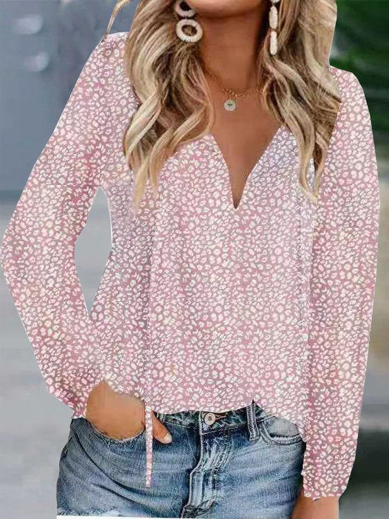 Fashion V Neck Long Sleeve Ditsy Floral Loose Regular Blouse