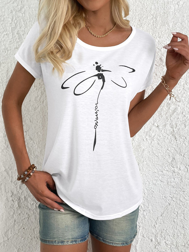 Fashion Short Sleeve Crew Neck Dragonfly Casual Regular T-Shirt