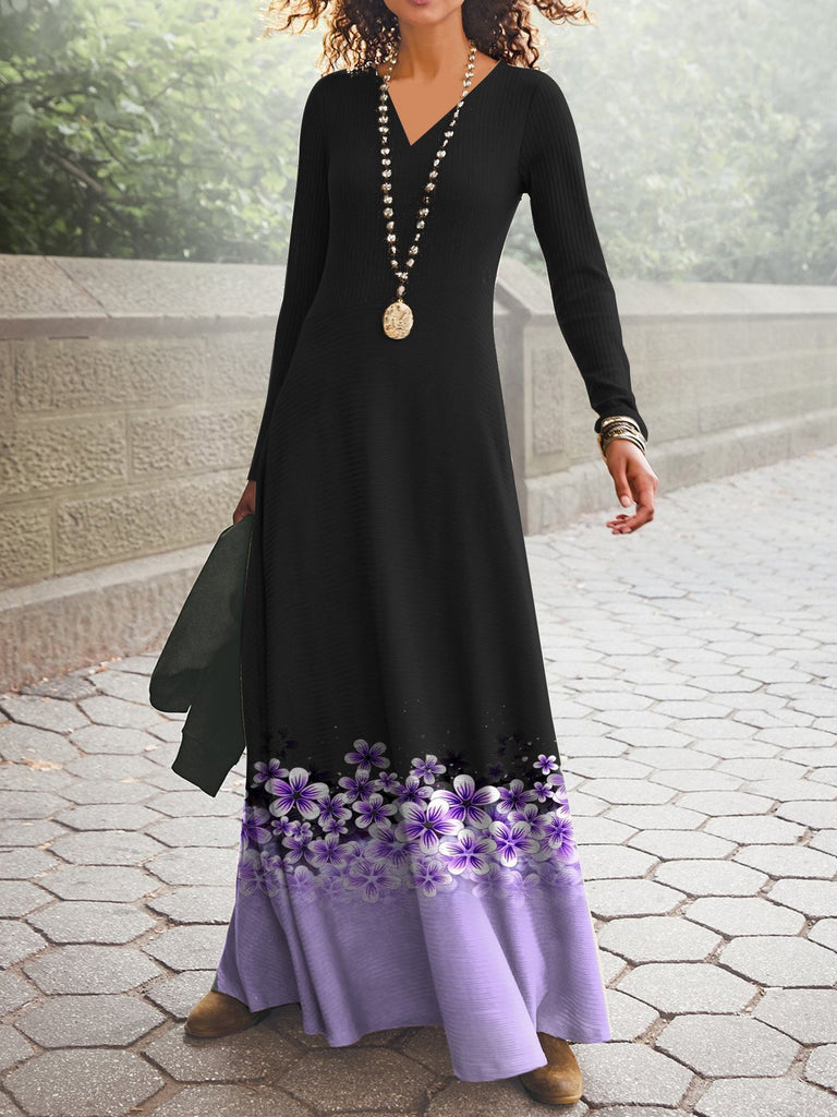 Plus Size Fashion V Neck Long Sleeve Floral Maxi Dress
