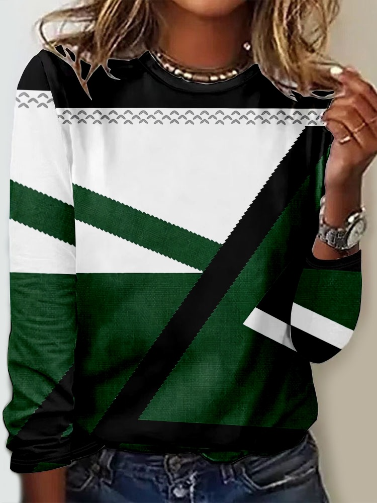 Fashion Crew Neck Long Sleeve Geometric Casual Regular T-Shirt