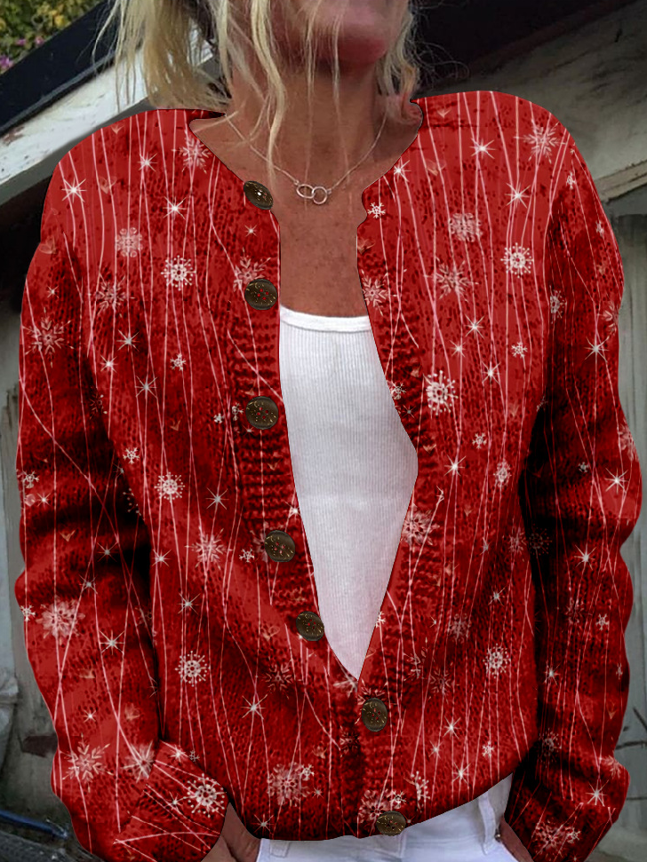Loose Crew Neck Long Sleeve Floral Christmas Fashion Regular Jacket