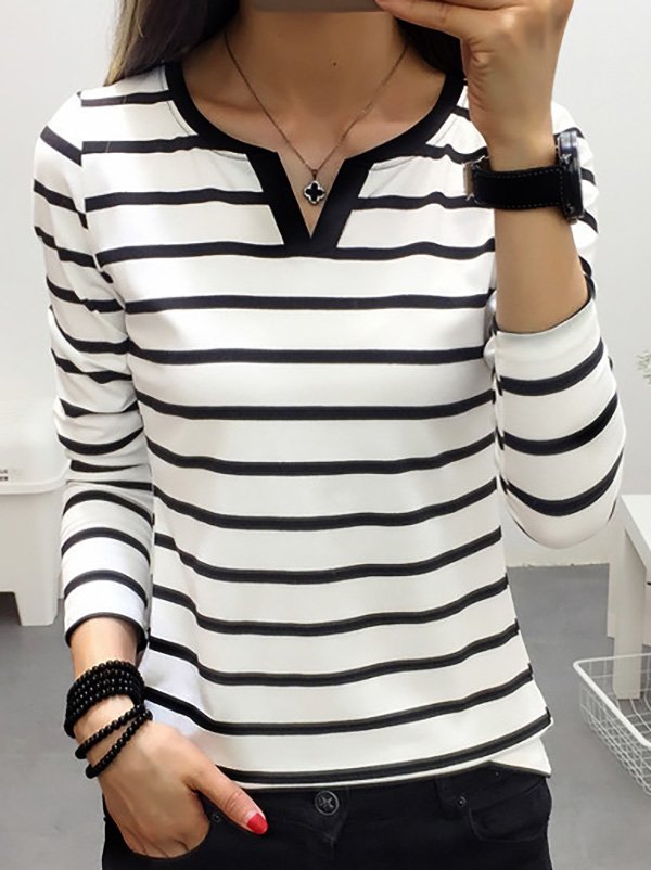 Loose Long Sleeve Notched Striped Fashion Regular T-Shirt