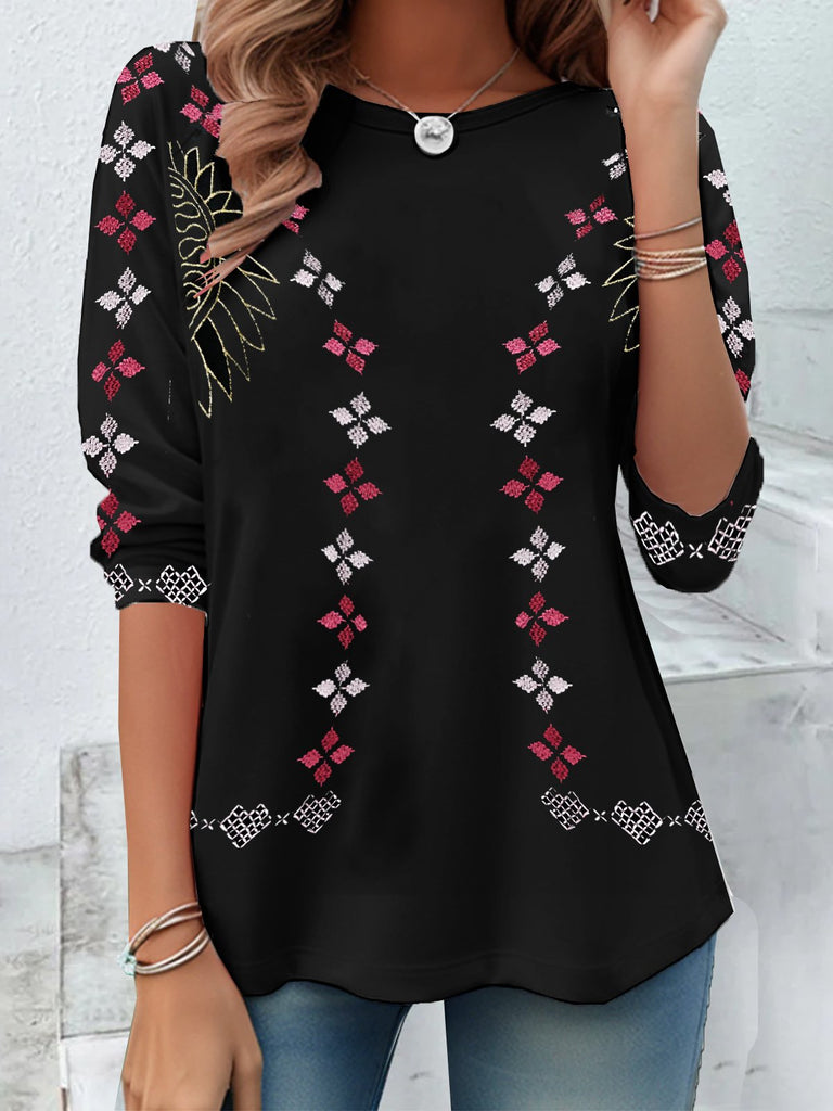 Vintage Crew Neck Long Sleeve Ethnic Geometry Loose Regular T-Shirt