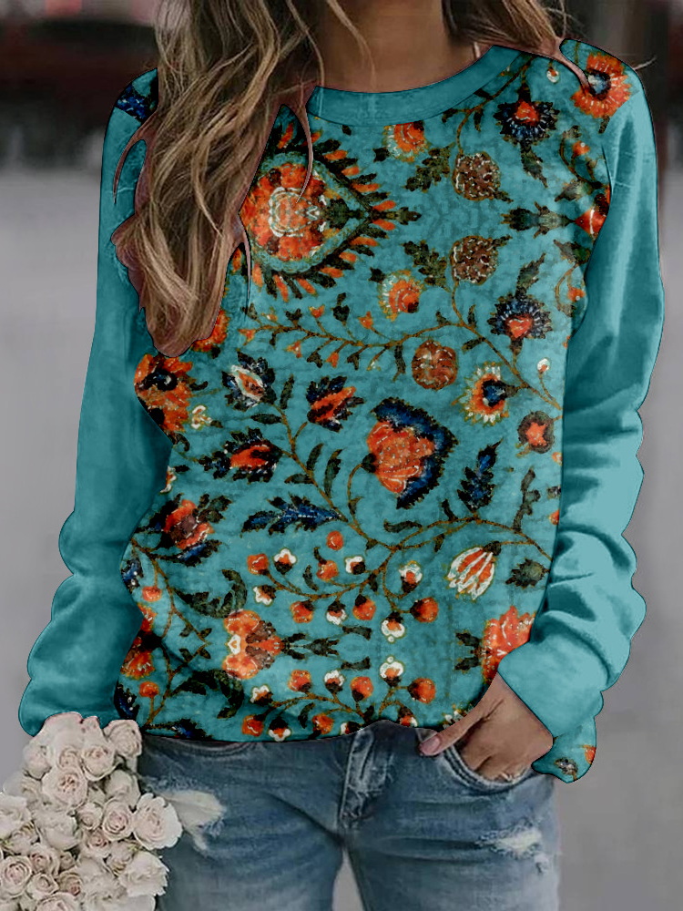 Fashion Crew Neck Long Sleeve Floral Casual Regular Sweatshirt