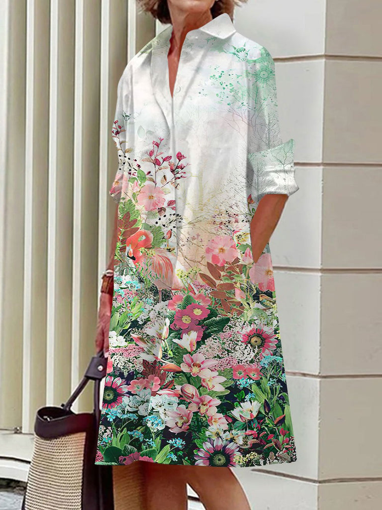 Fashion Long Sleeve Shirt Collar Floral Loose Midi Dress
