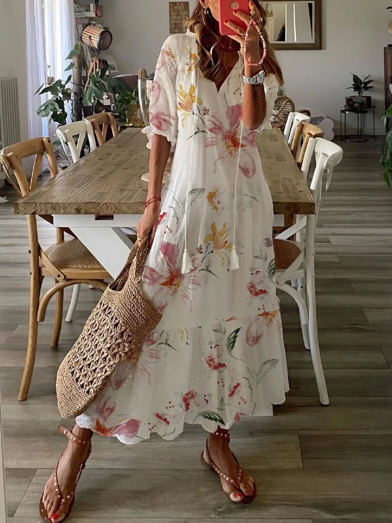Fashion V Neck Short Sleeve Floral Loose Maxi Dress