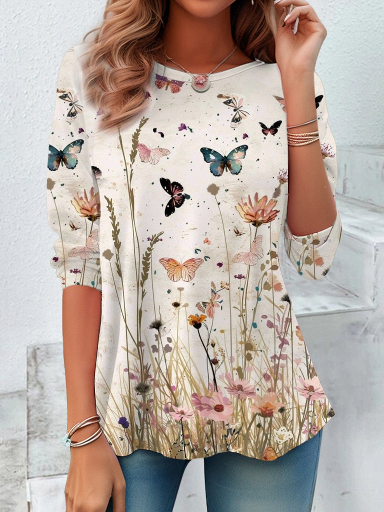 Fashion Crew Neck Long Sleeve Floral Casual Regular Blouses