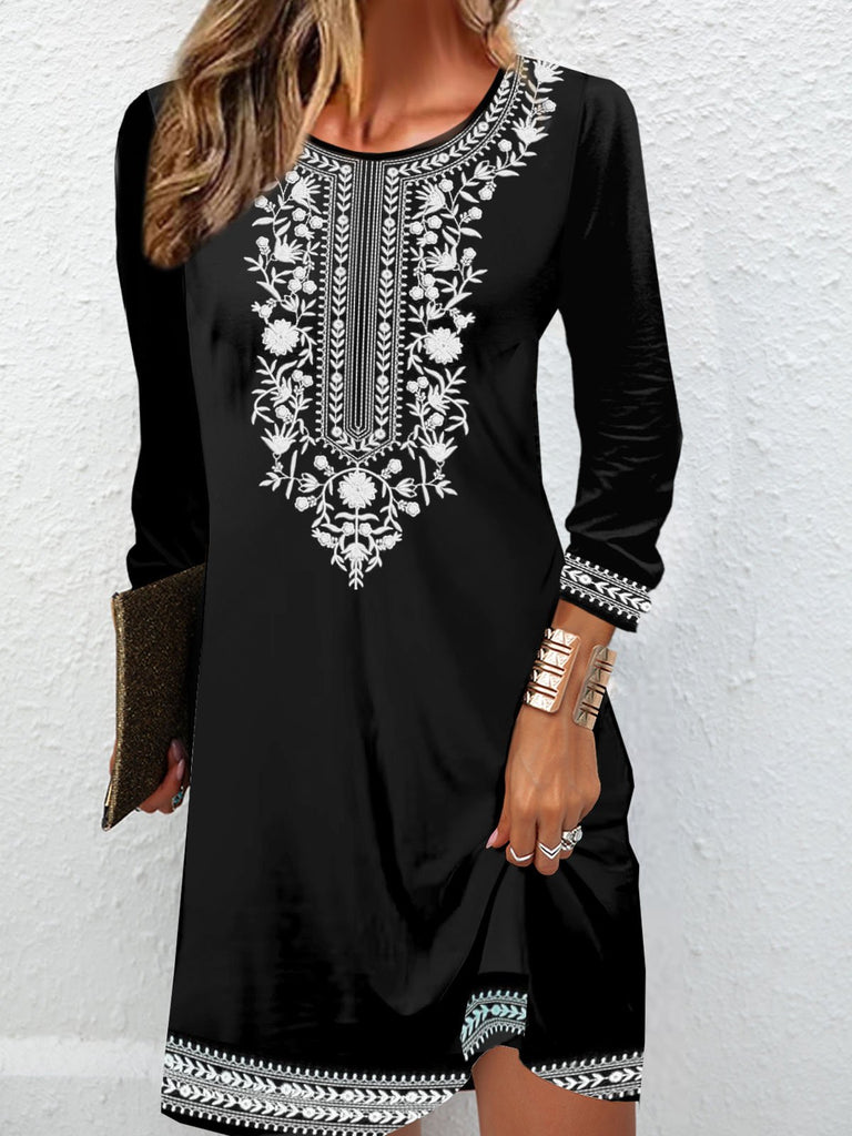 Fashion Crew Neck Long Sleeve Ethnic Loose Short Dress