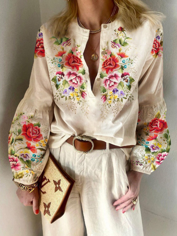 Fashion V Neck Long Sleeve Floral Loose Regular Blouse