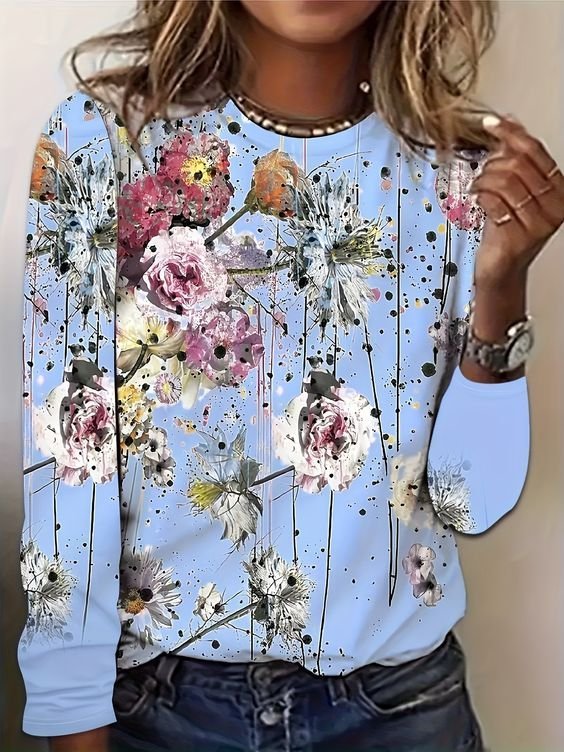 Fashion Crew Neck Long Sleeve Floral Casual Regular T-Shirt