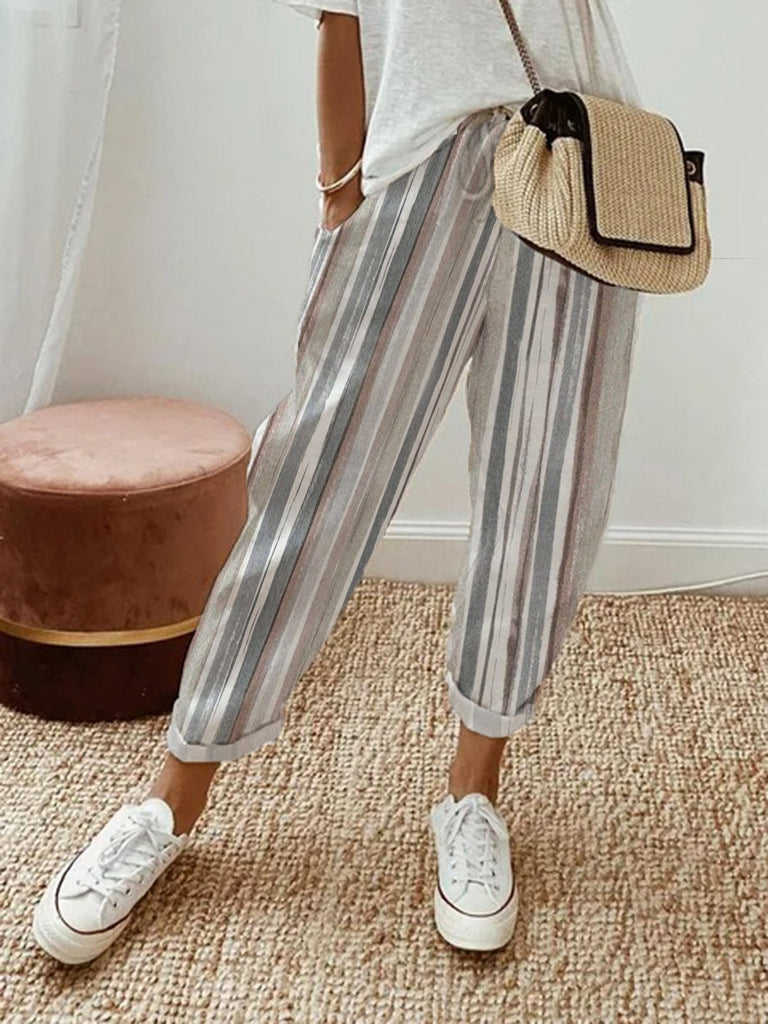 Fashion Striped Pocket Stitching Loose Long Pants