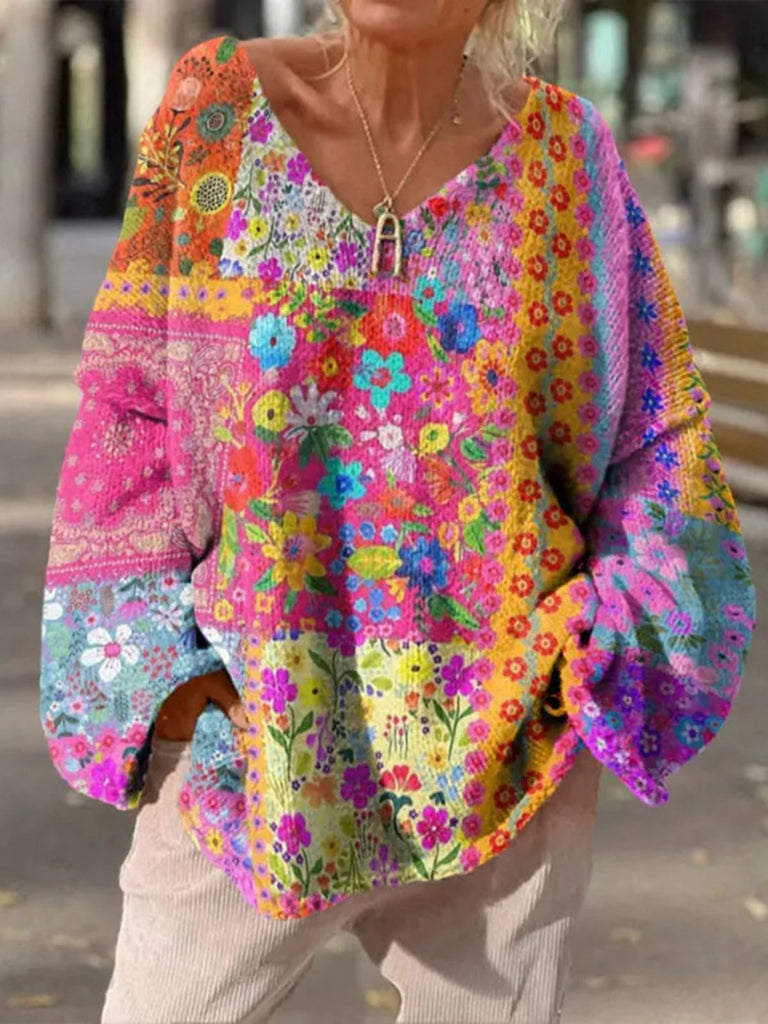Loose V Neck Long Sleeve Floral Fashion Regular Sweater