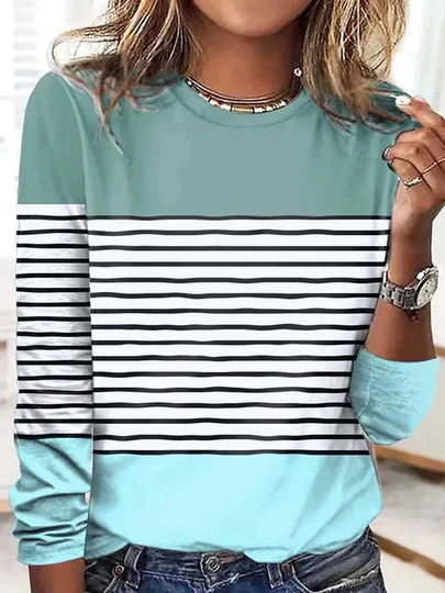 Fashion Crew Neck Long Sleeve Striped Loose Regular T-Shirt