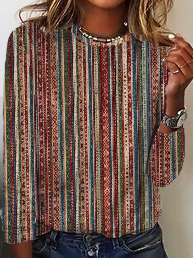 Fashion Crew Neck Long Sleeve Striped Loose Regular T-Shirt