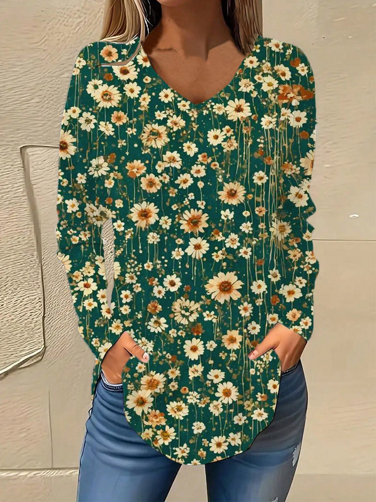 Loose V Neck Long Sleeve Floral Fashion Regular Blouse