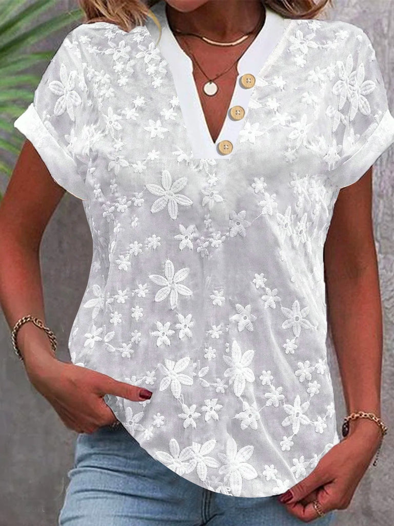 Simple V Neck Short Sleeve Plain Embroidery Loose Regular Blouse