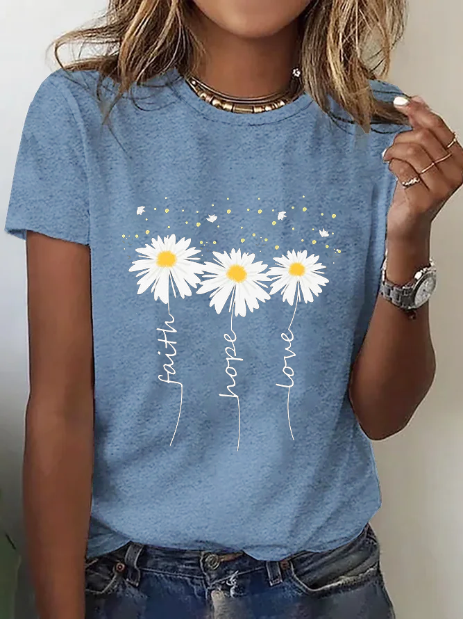 Loose Short Sleeve Crew Neck Floral Text Letters Fashion Regular T-Shirt