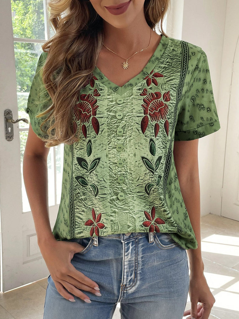 Fashion V Neck Short Sleeve Floral Loose Regular Blouse