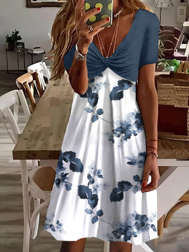 Fashion V Neck Short Sleeve Floral Printing Loose Short Dress