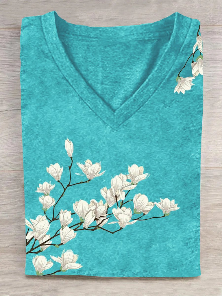 Fashion V Neck Short Sleeve Floral Casual Regular T-Shirt