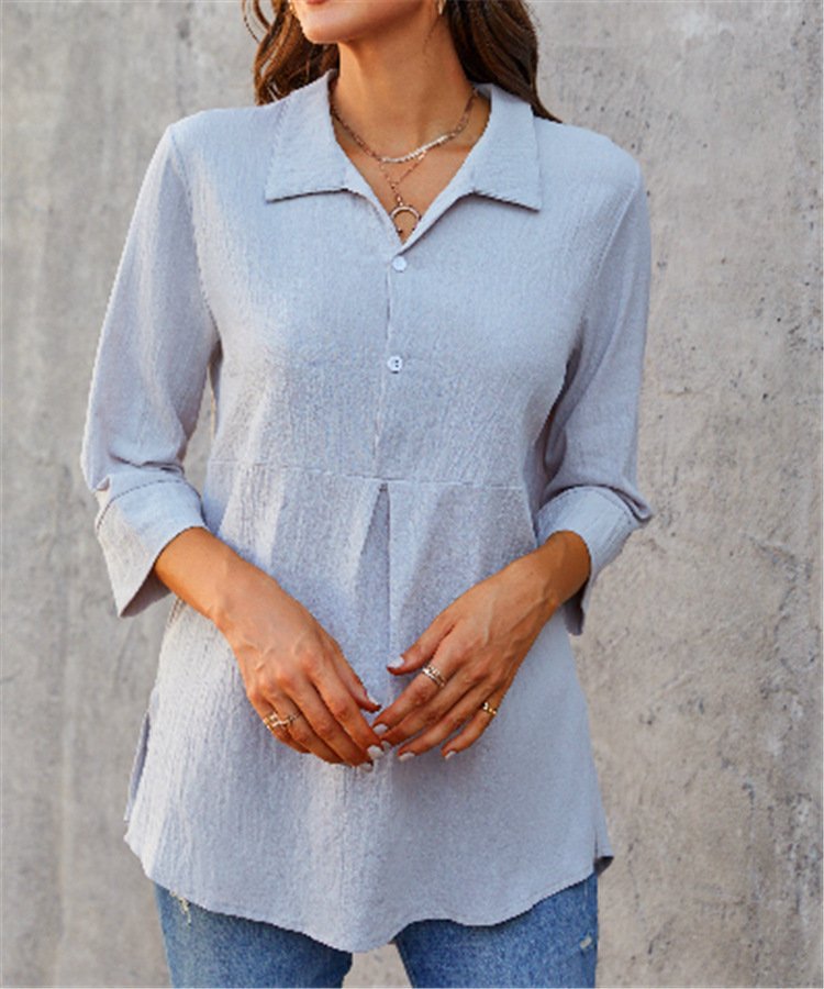 Fashion Long Sleeve Shawl Collar Plain Loose Regular Blouse