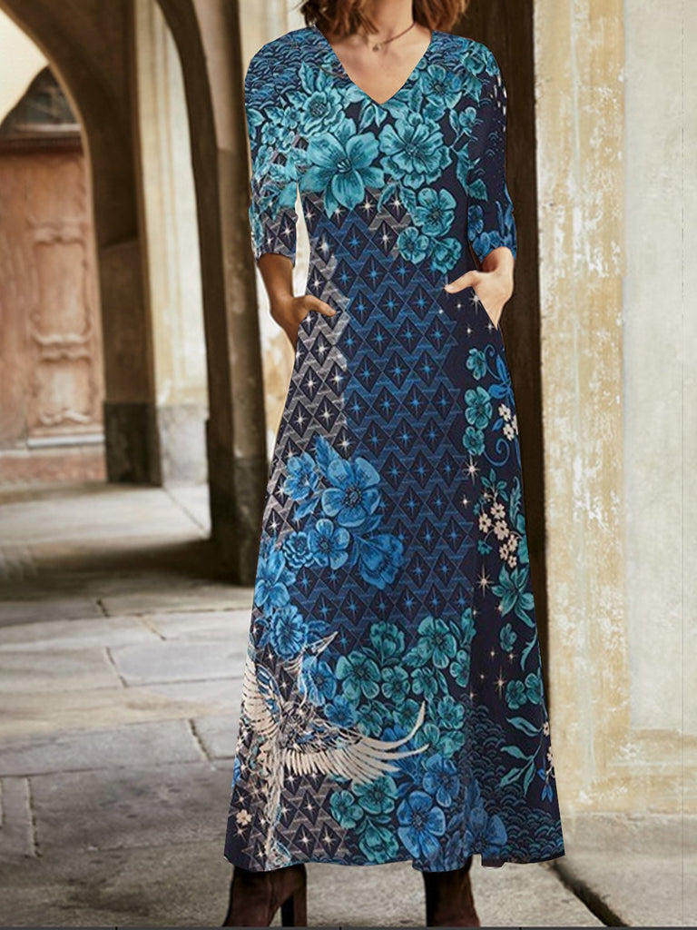 Plus Size Fashion V Neck Long Sleeve Floral Pocket Stitching Maxi Dress