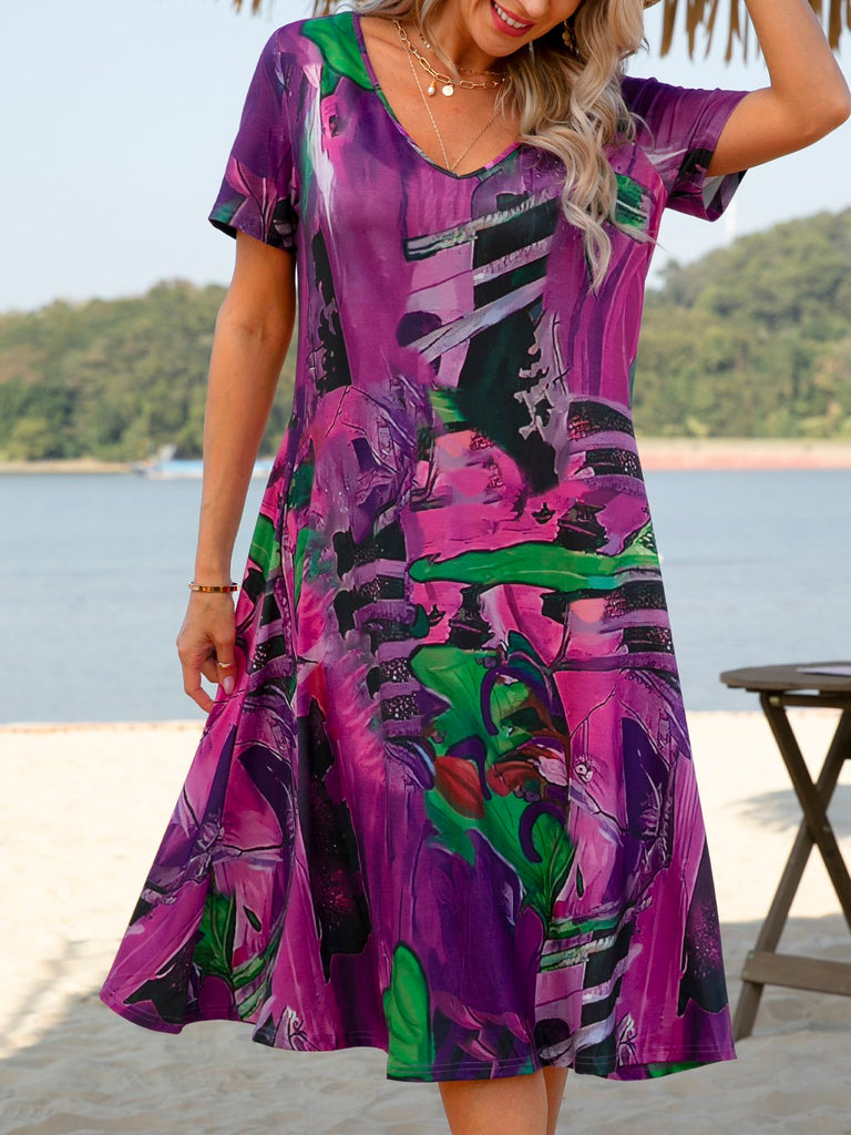 Casual V Neck Short Sleeve Floral Midi Dress