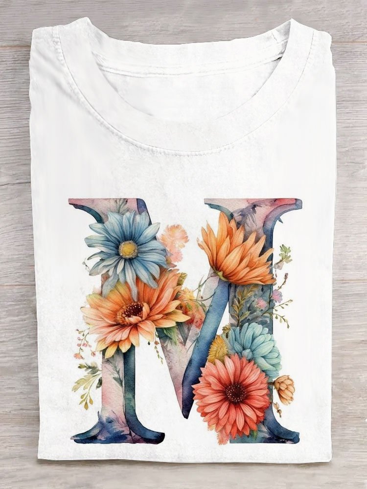 Fashion Short Sleeve Crew Neck Floral Casual Regular T-Shirt