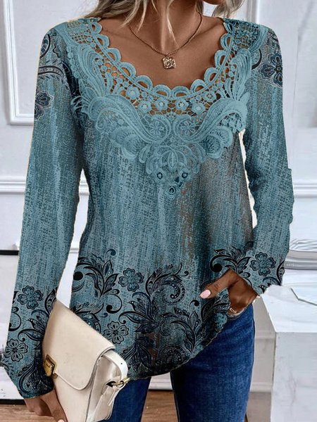 Fashion Long Sleeve Ethnic Floral Loose Regular Blouse