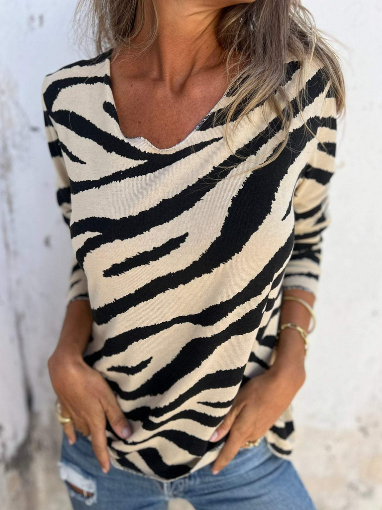 Fashion V Neck Long Sleeve Striped Regular T-Shirt