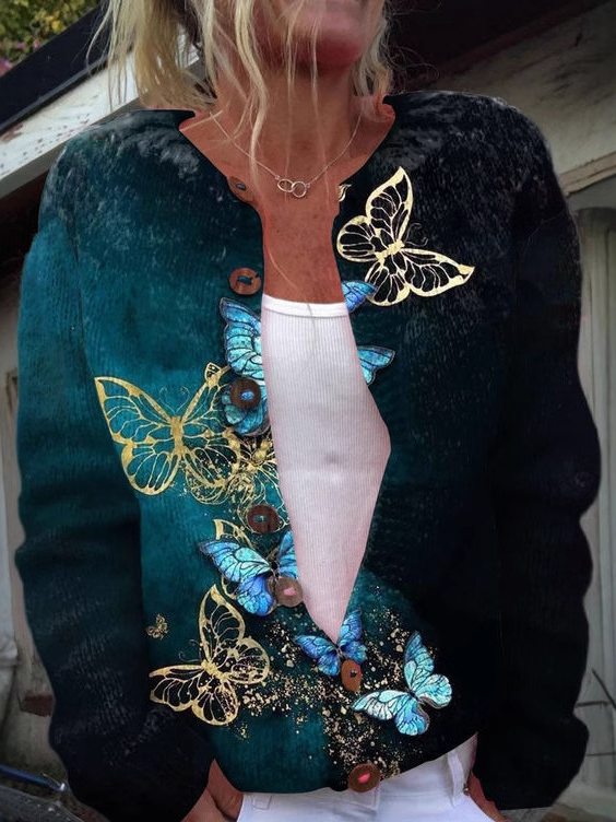 Loose Crew Neck Long Sleeve Floral Fashion Regular Jacket