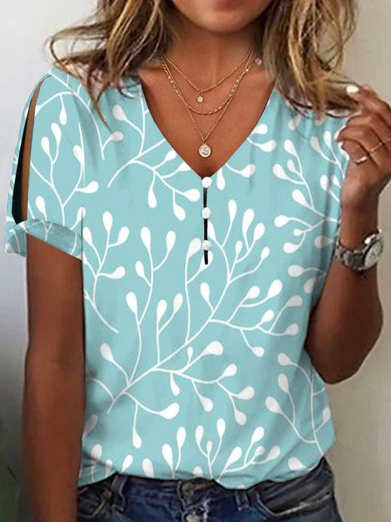 Fashion V Neck Short Sleeve Leaf Loose Mid-Long Blouses