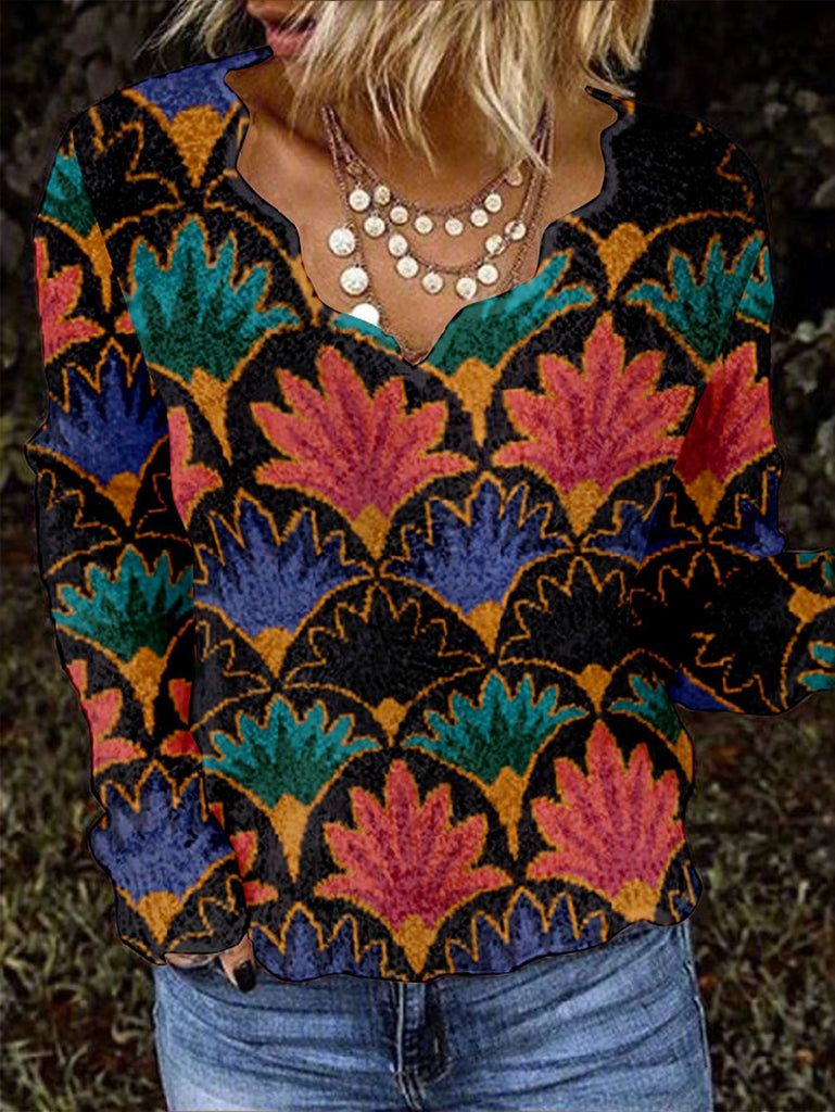 Loose V Neck Long Sleeve Ethnic Geometry Vintage Regular T-Shirt