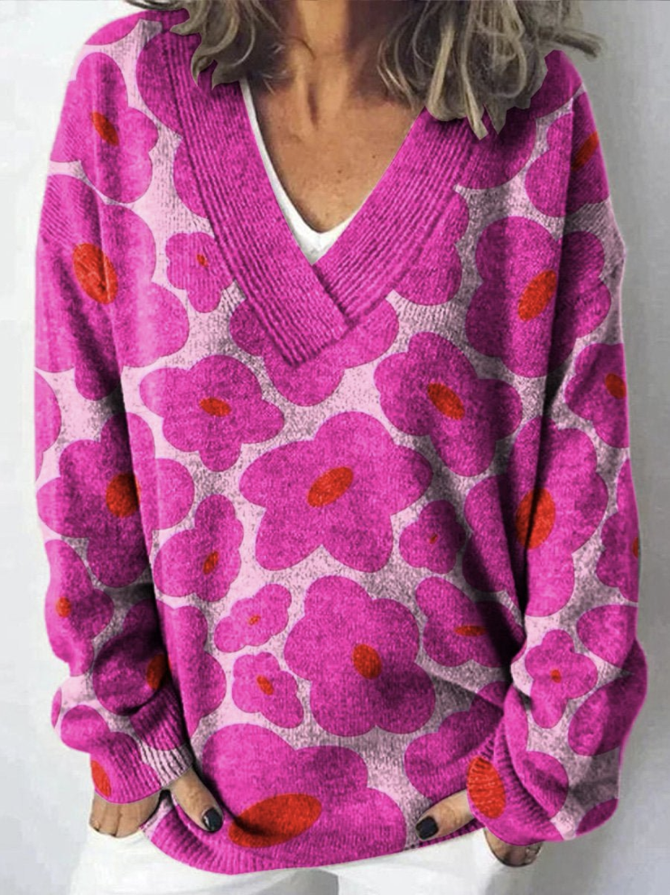 V Neck Long Sleeve Floral Vintage Regular Sweater