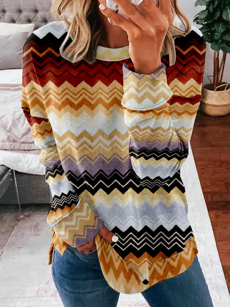 Fashion Crew Neck Long Sleeve Abstract Stripes Casual Regular Sweatshirt