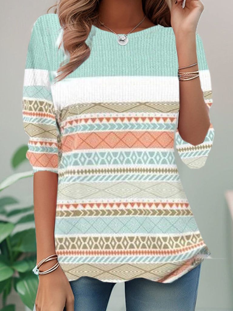 Fashion Crew Neck Long Sleeve Geometric Loose Regular T-Shirt