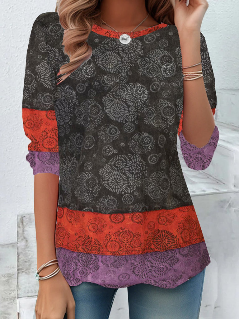 Vintage Crew Neck Long Sleeve Color Block Loose Regular T-Shirt