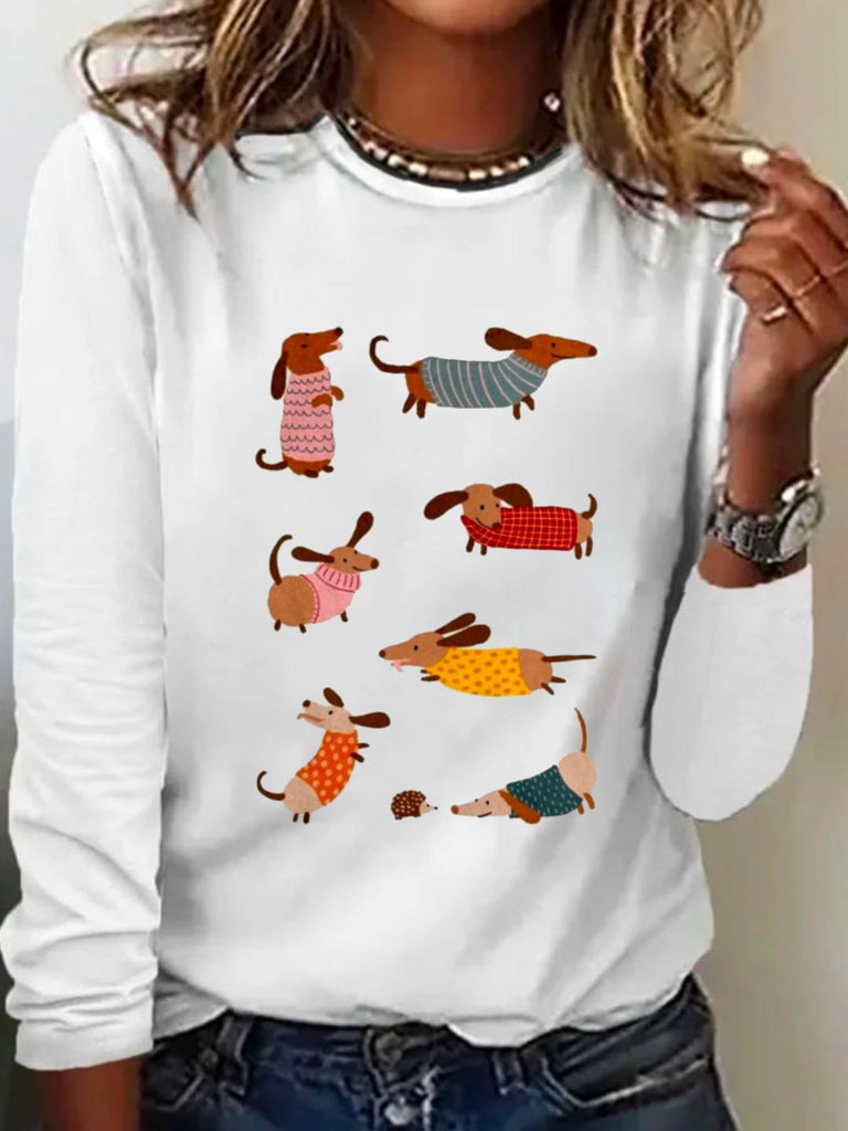 Fashion Crew Neck Long Sleeve Dog Casual Regular T-Shirt