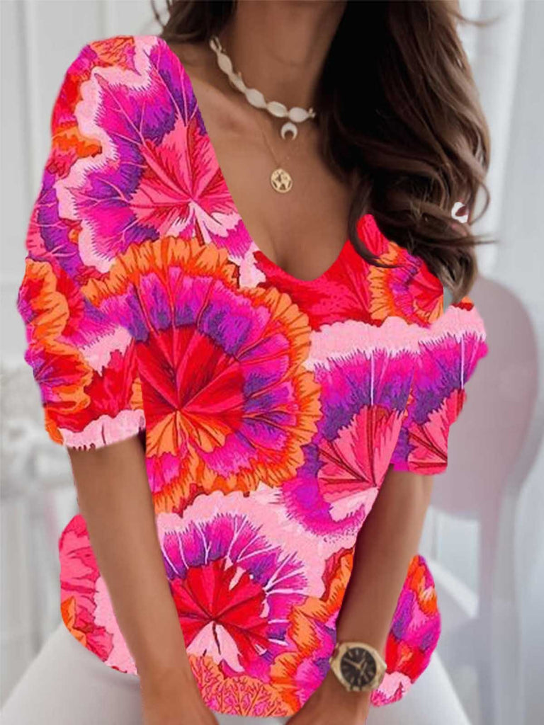 Fashion V Neck Long Sleeve Floral Casual Regular T-Shirt